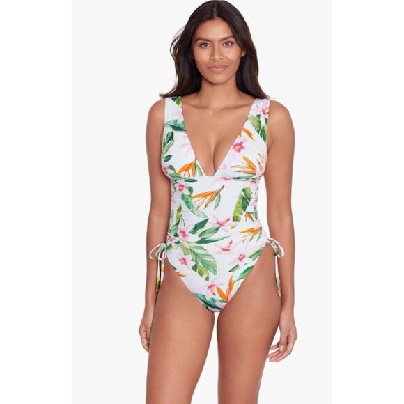 LAUREN RALPH LAUREN Plunge One Piece Swimsuit 16 White Watercolor Floral NWT - Picture 1 of 11